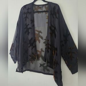 Kane Sells Studio Sheer Black Kimono Golden Leaf Pattern